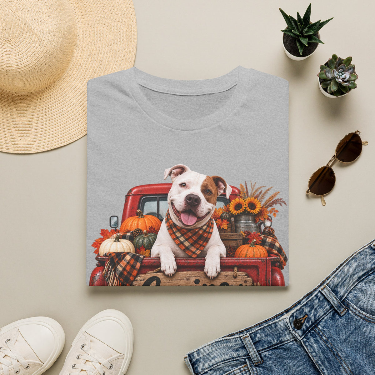 Dog Truck Fall T-Shirt — Cute Pitbull with Pumpkins & Sunflowers