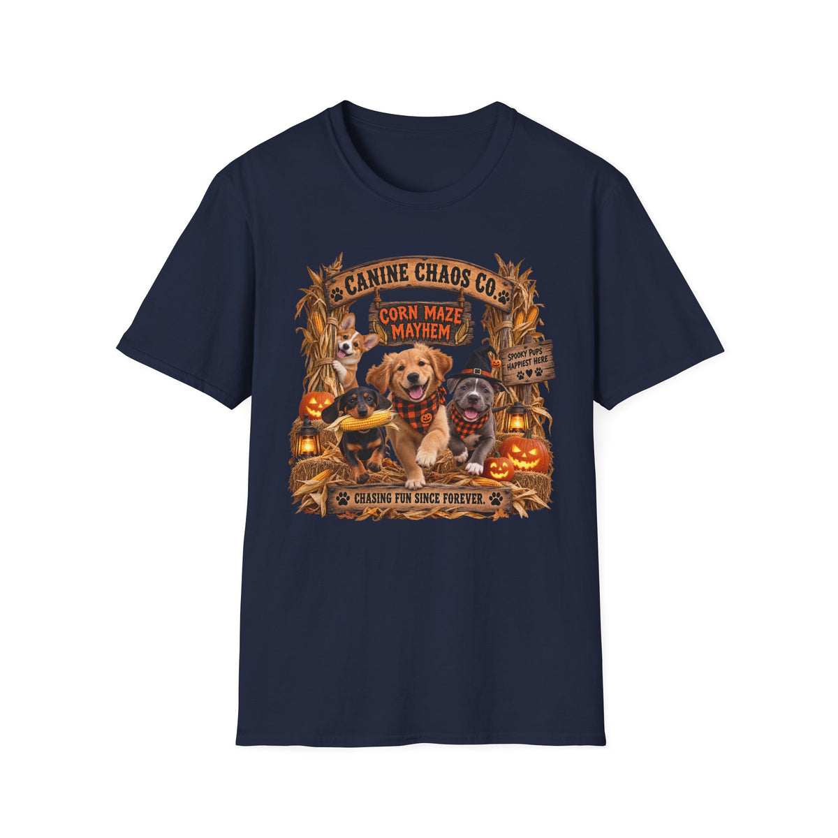 Halloween Dog T-Shirt — Canine Chaos Corn Maze Mayhem Graphic Tee
