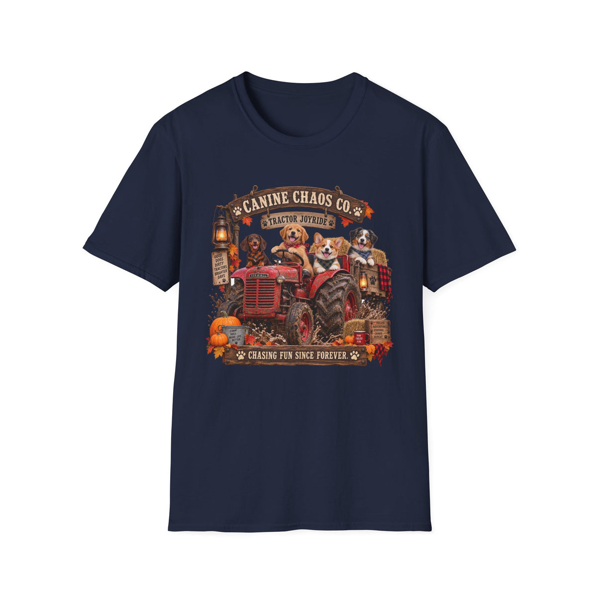 Canine Chaos Co. Fall Tractor T-Shirt — Cute Dogs on Tractor, Harvest & Pumpkin Farm Tee