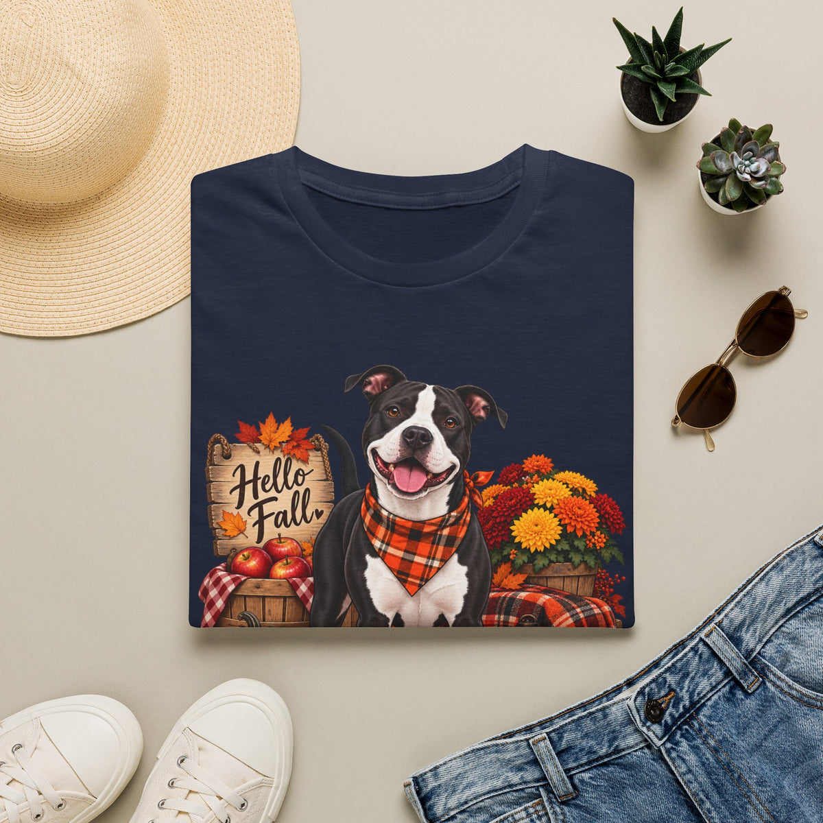 Hello Fall Dog T-Shirt — Thanksgiving Pumpkin & Plaid Pet Tee