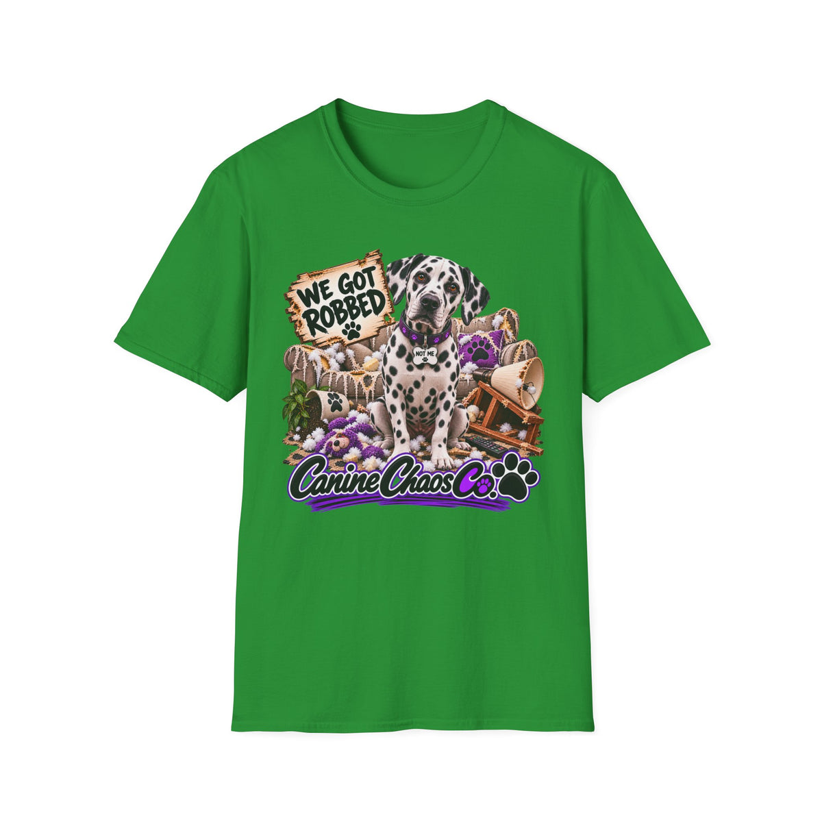 Canine Chaos Co. Dalmatian Tee — "We Got Robbed" Dog Rescue Humor T-Shirt