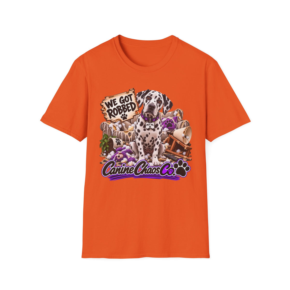 Canine Chaos Co. Dalmatian Tee — "We Got Robbed" Dog Rescue Humor T-Shirt