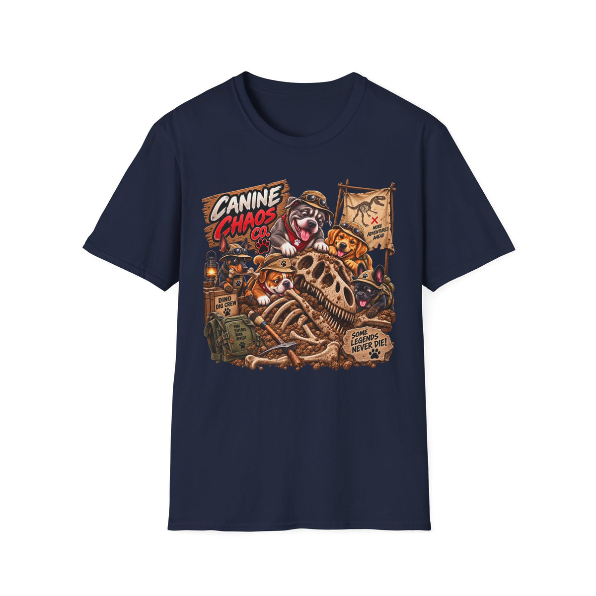 Canine Chaos Co. Graphic T‑Shirt — Funny Dog Skeleton Adventure Tee