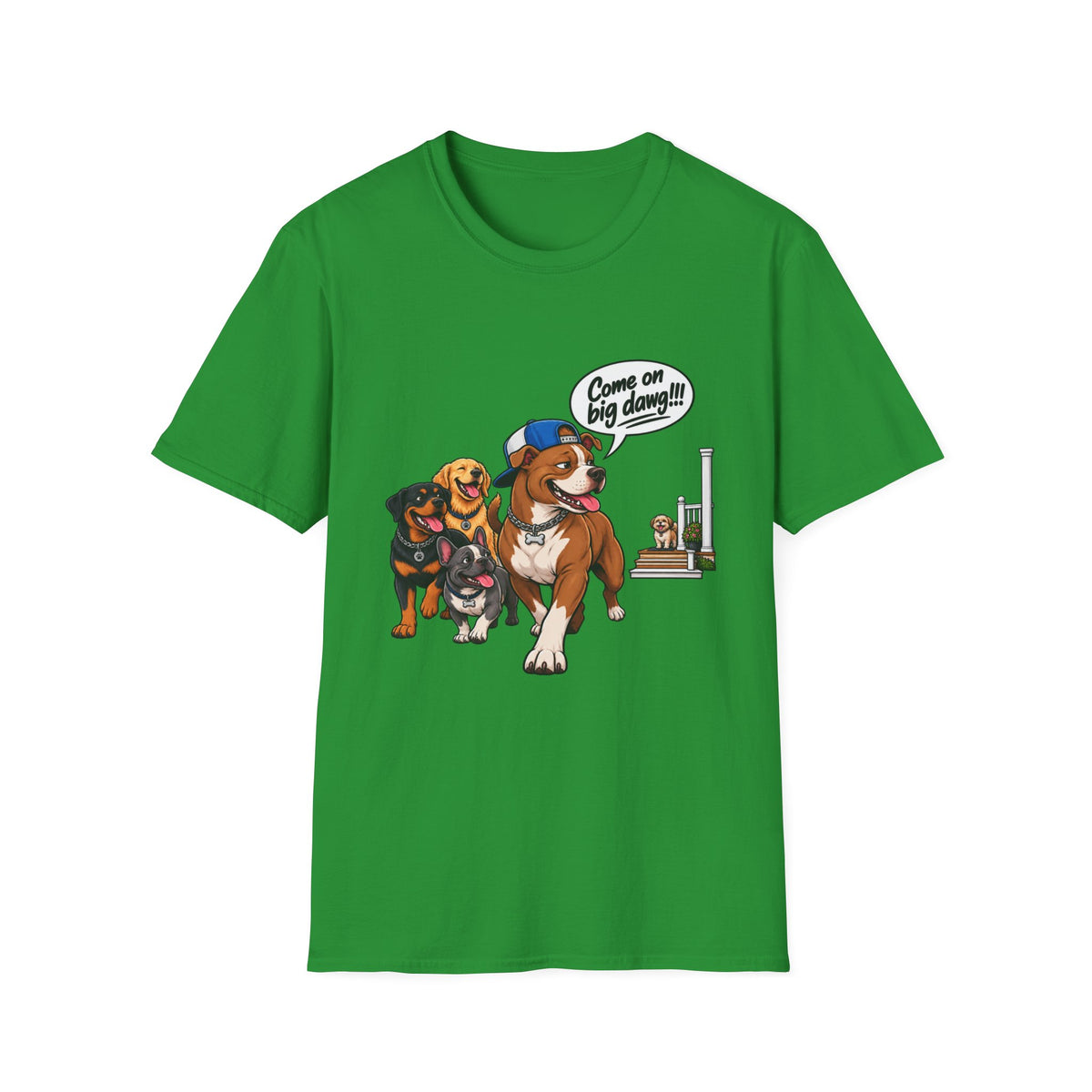 Dog Pack T‑Shirt — “Come on big dawg!” Cartoon Rescue Dogs Tee