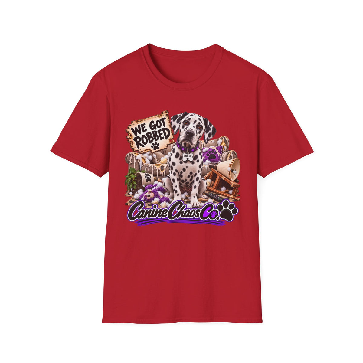 Canine Chaos Co. Dalmatian Tee — "We Got Robbed" Dog Rescue Humor T-Shirt