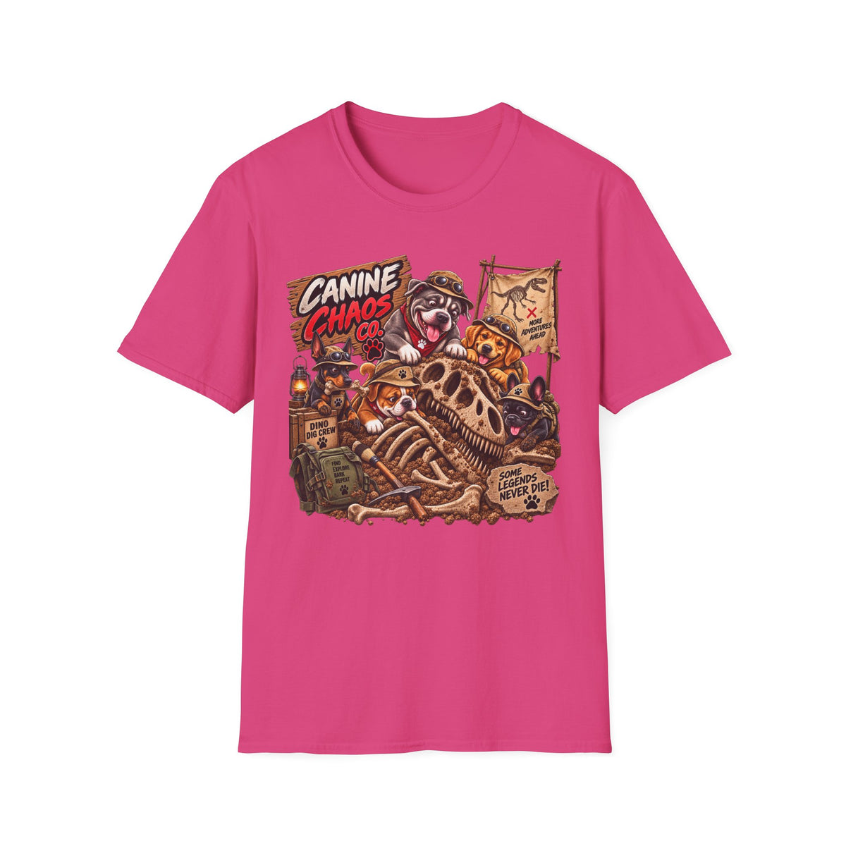 Canine Chaos Co. Graphic T‑Shirt — Funny Dog Skeleton Adventure Tee