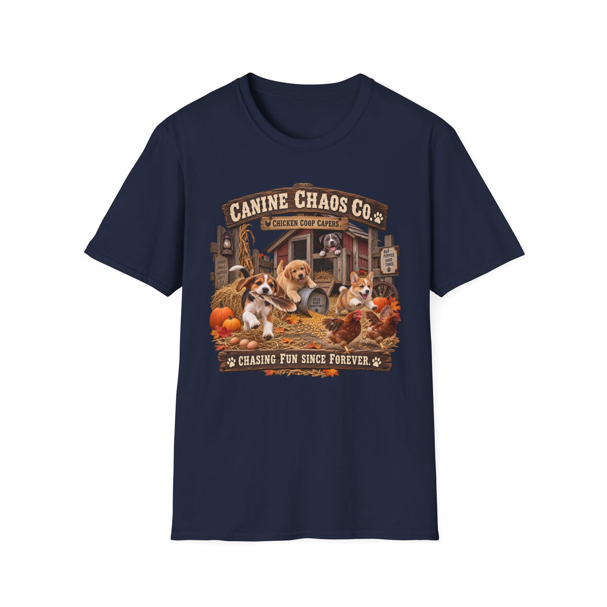 Canine Chaos Co. Fall Dogs T-Shirt — "Chasing Fun Since Forever"