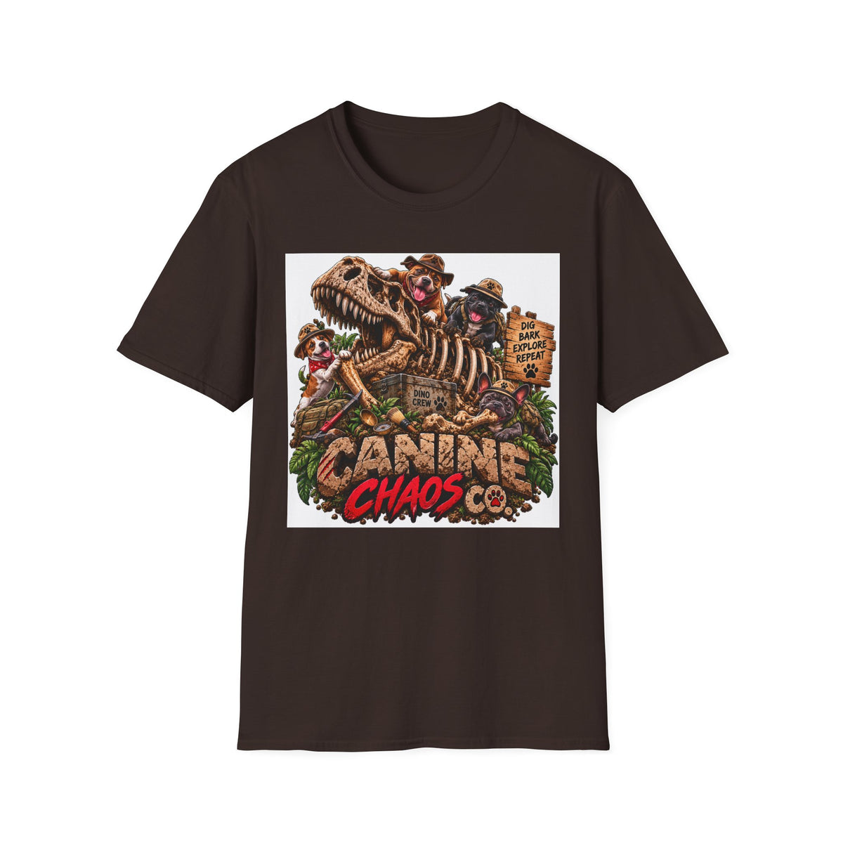 Canine Chaos Co. T-Shirt – Dino Skeleton Dog Adventure Graphic Tee