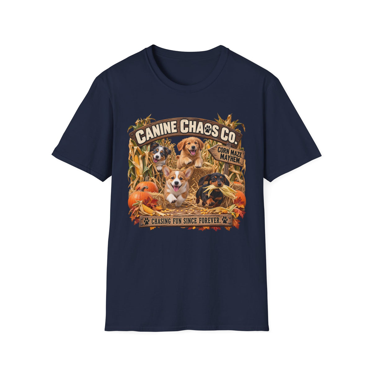 Canine Chaos Co. Fall Dogs T-Shirt — "Chasing Fun Since Forever"