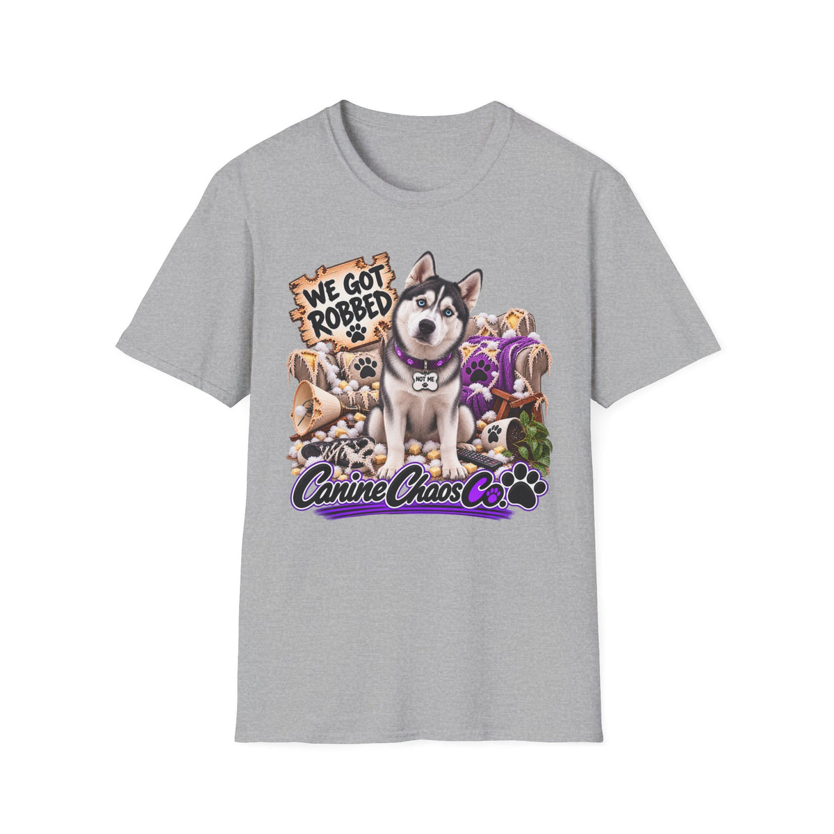 Husky Rescue Tee — “We Got Robbed” Canine Chaos Co. Graphic T-Shirt