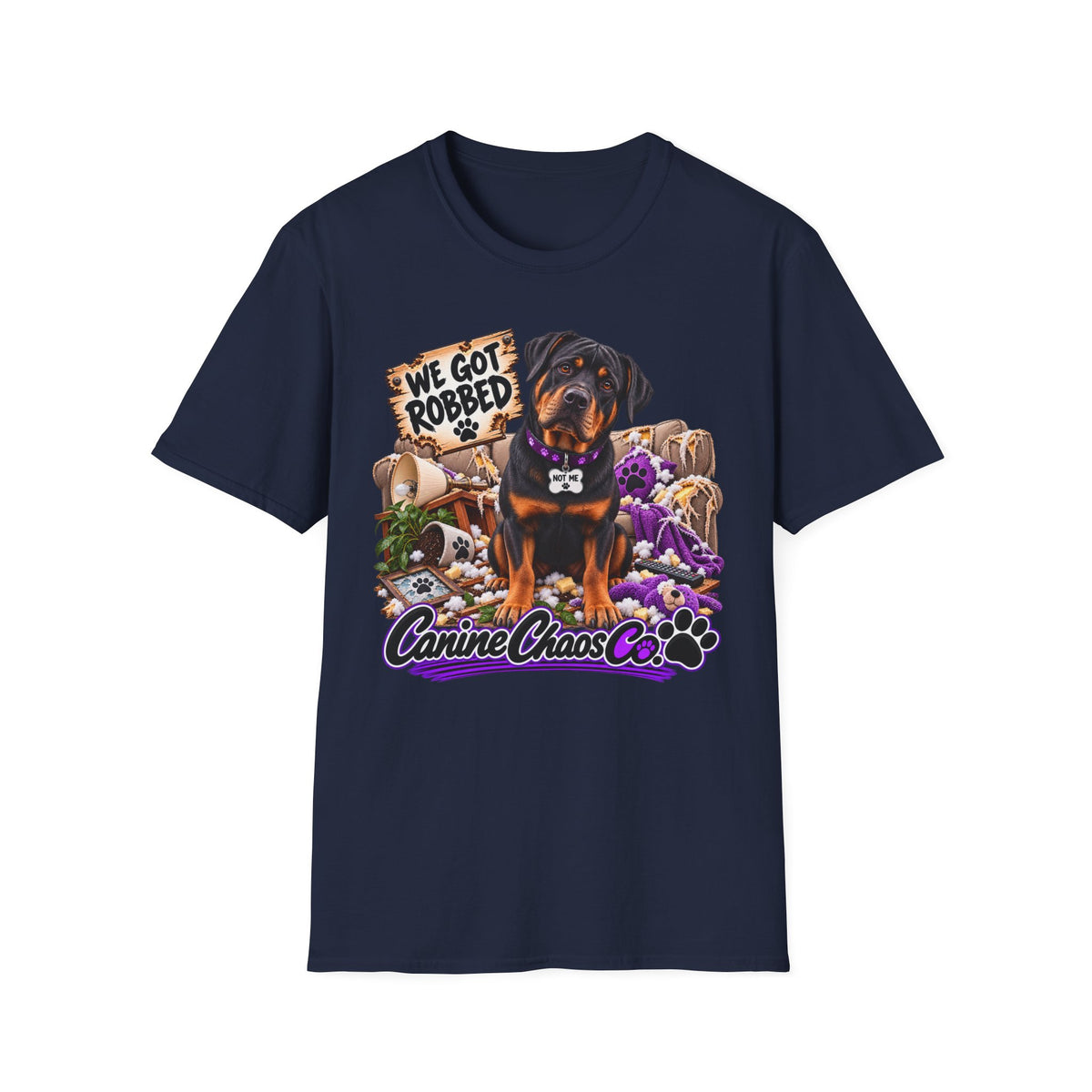 Rottweiler Dog Tee — "We Got Robbed" Canine Chaos Co. Graphic Shirt